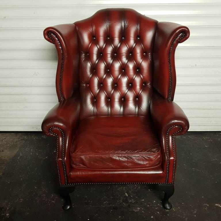 Beautiful Oxblood Leather Chesterfield Wing back arm chair QUEEN ANNE
