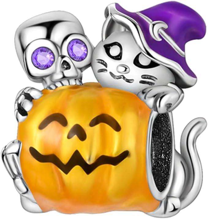 new - S925 marked Silver Pumpkin cat and skeleton charm