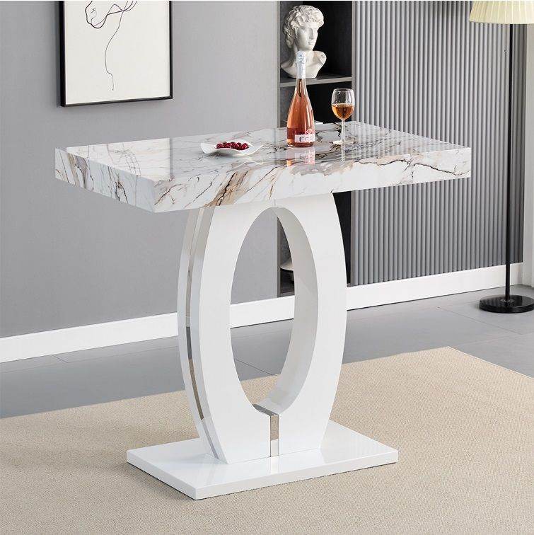 Halo High Gloss Console/Bar Table In White And Milo Marble Effect