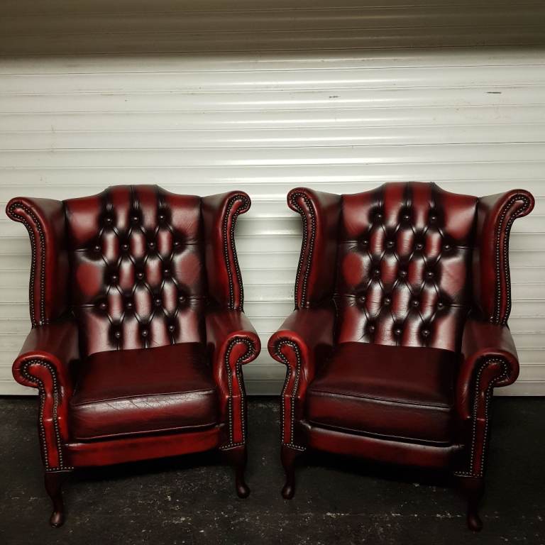 MATCHING PAIR Oxblood Leather Chesterfield QUEEN ANNE Winged Back Chairs - FAB