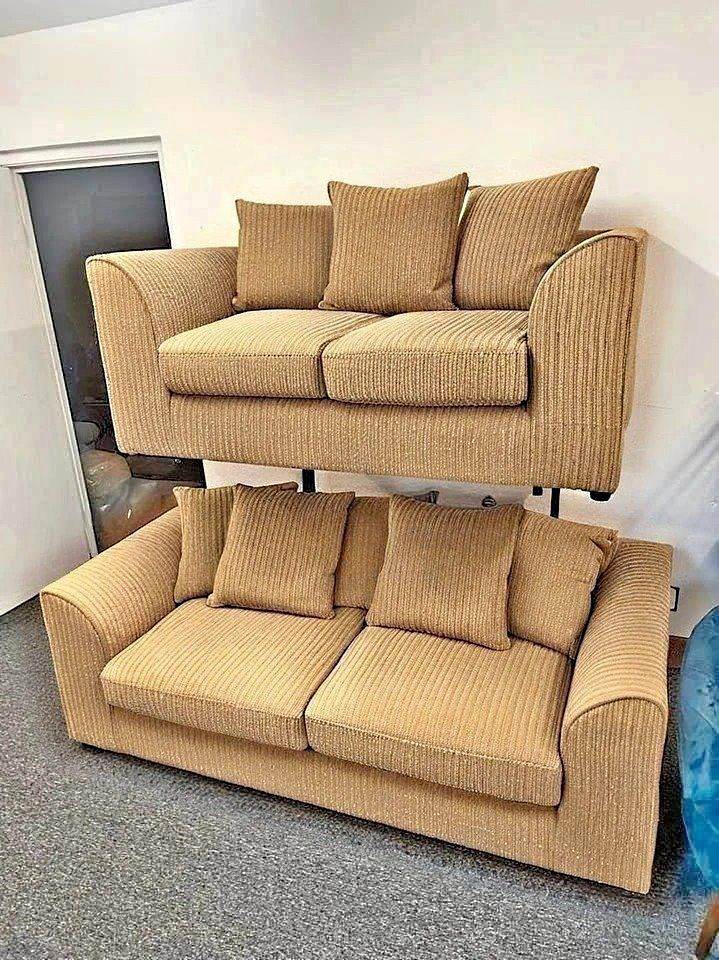 Two Beige Corduroy Sofas - Excellent Condition, Pair