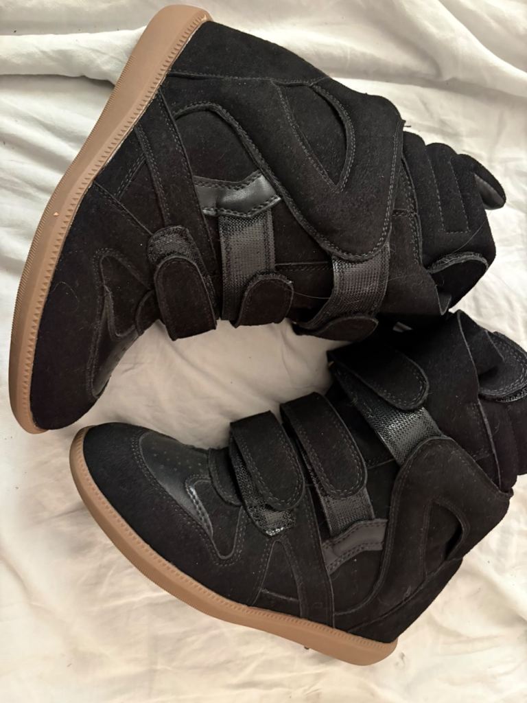 Black Suede Wedge Trainers - Size 39, Good Condition