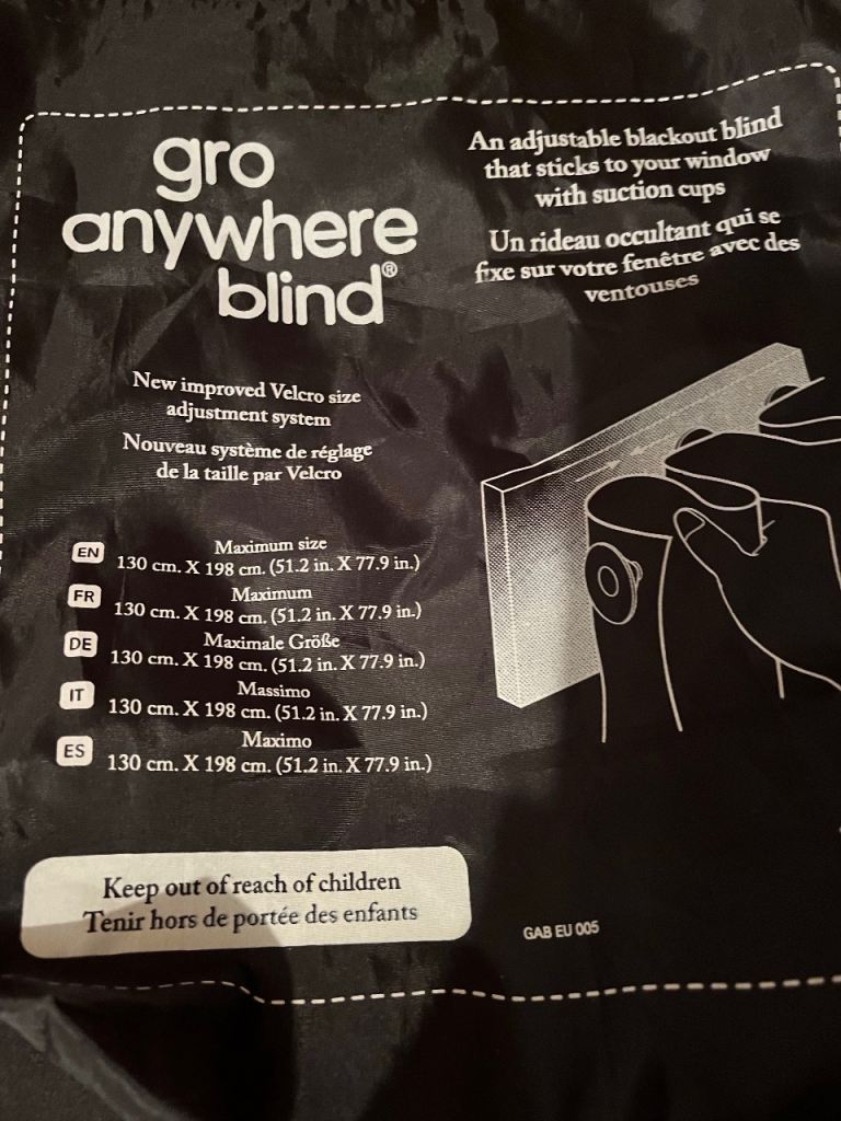 Two Gro Anywhere Blackout Blinds 130cm X 198cm adjustable 