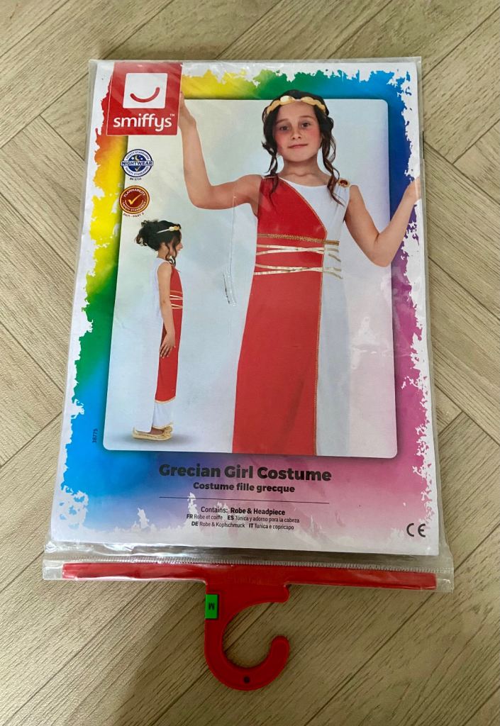 Grecian Girl Costume. Smiffy’s Fancy Dress. Robe/Headpiece. M 7-9 Years New.