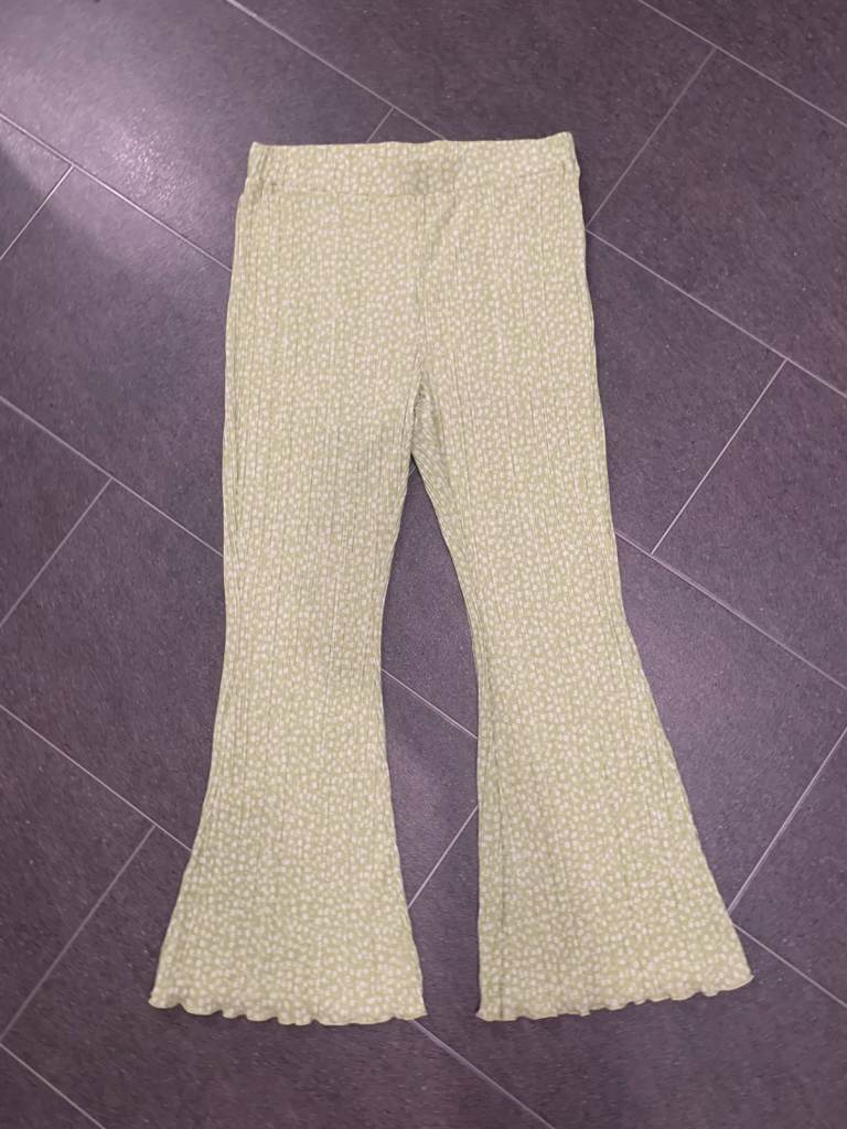 MONKI Pale Green White Flower Print Floaty Flared Trousers Size L VGC Worn Twice