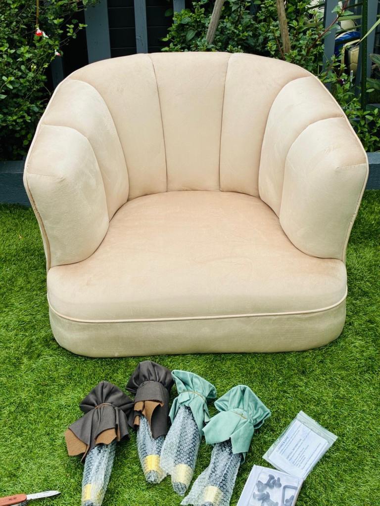 MY HOME STORIES VELVET ARMCHAIR WITH GOLD TIPPED LEGS - NEUTRAL - £100