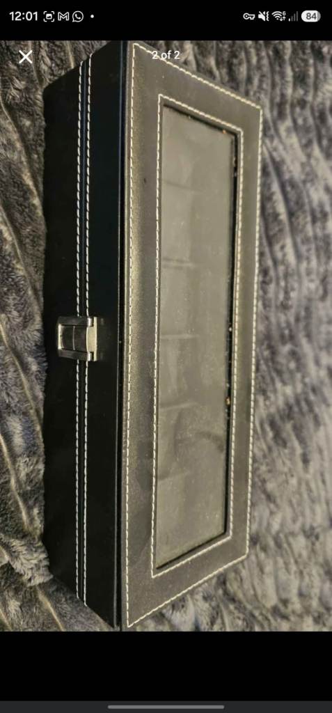 Black Leatherette Watch Box with Glass Top – Good Condition