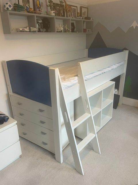 Stompa Cabin Bed blue and white with drawers, mattress and bookshelves