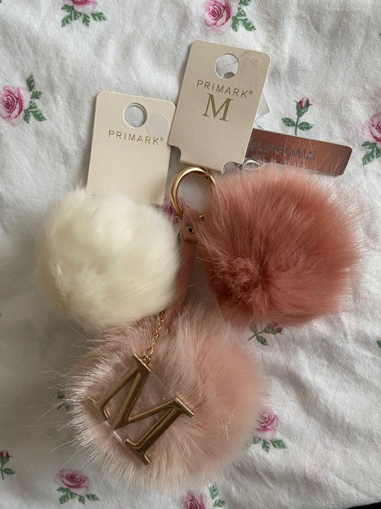 Primark Pom Pom Bag Charms Bundle Rose Gold Initial M Faux Fur Keyrings