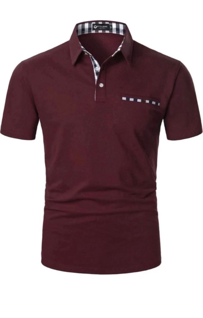 Sttlzmc Mens Wine Red Casual Short Sleeve Polo Shirt T-Shirt with Plaid Splice-M