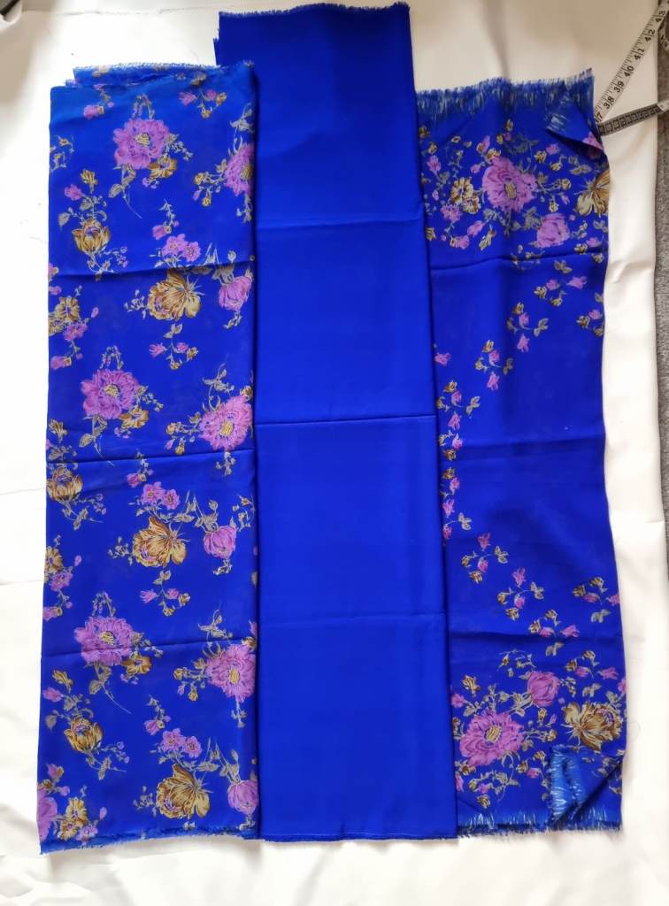 Cobalt blue floral unstitched 3 piece suit. Large Chiffon scarf. Polyester. Asian womens dress