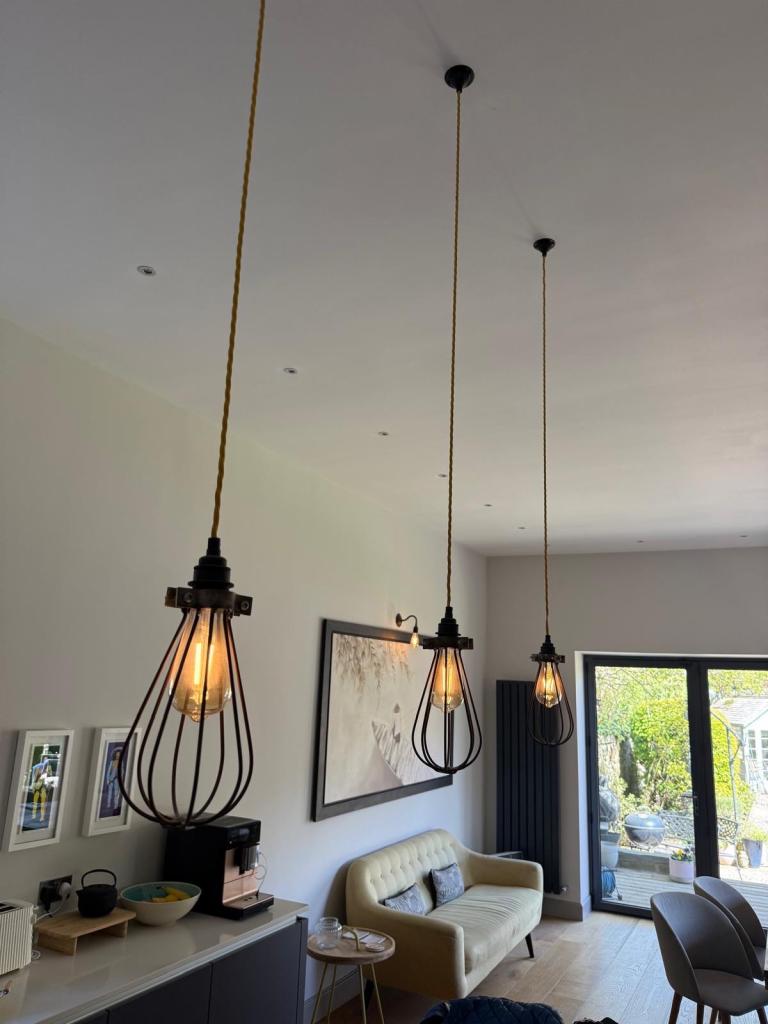 Set of 3 Industrial Style Cage Pendant Lights – Black Metal