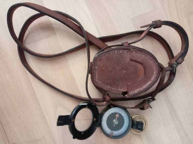 Vintage Military Compass with Leather Pouch and Strap