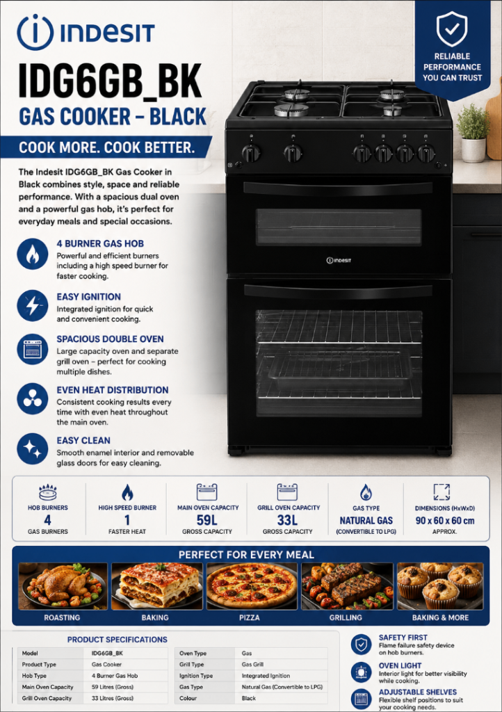 Indesit IDG6GB_BK Gas Cooker – Brand New, Black
