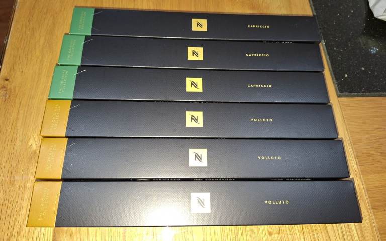 Brand new Nspresso Coffe pods, 3 sleeves x Vollutto, 3 sleeves x Capriccio 