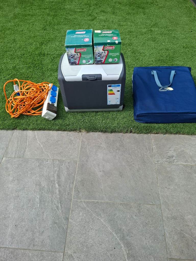 Camping equipment, Electric Coolbox, electic hookup & Camping Kitchen, Coleman Single Burner Stoves