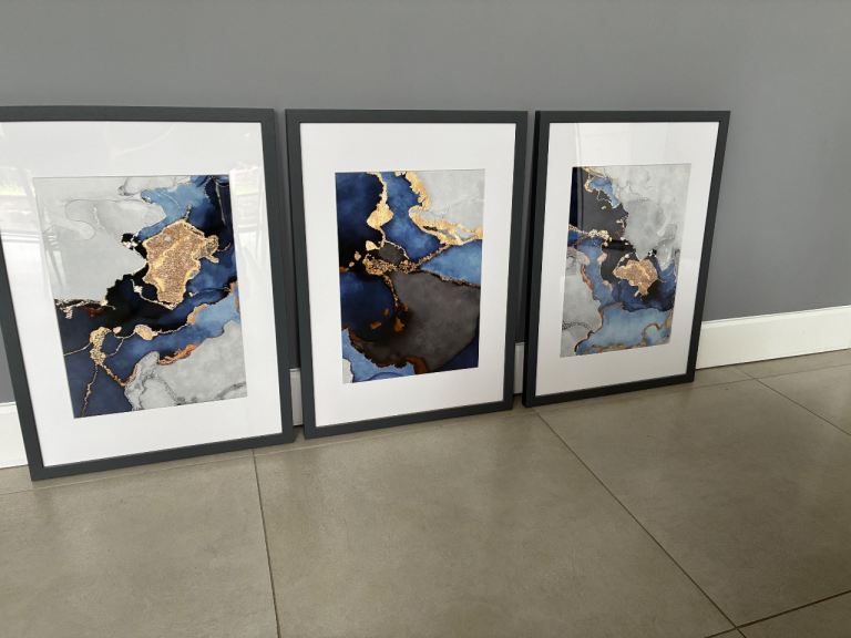 Set of 3 Abstract Gold & Blue Framed Pictures