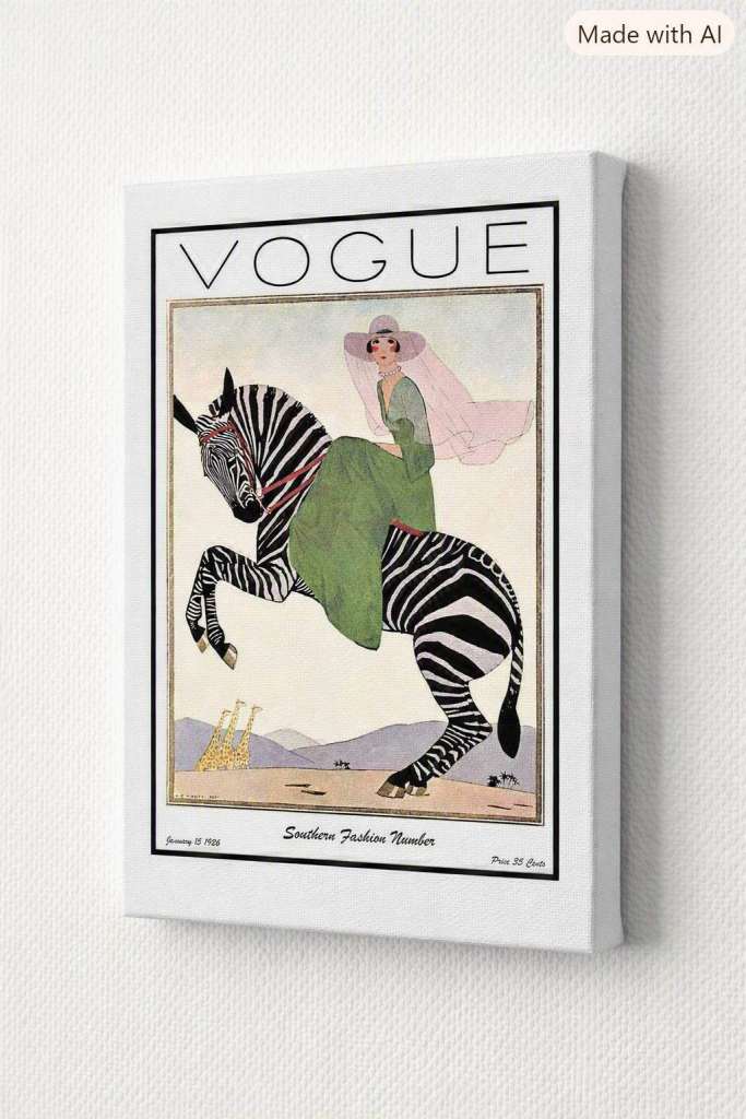VOGUE Style Zebra Fashion Print A4 Cotton Canvas – Vintage Art Deco Wall Art
