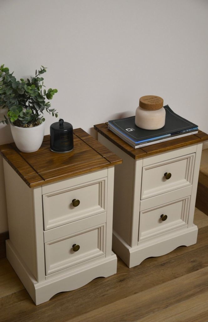 Newly refurbished/ upcycled white and wooden bedside table pair