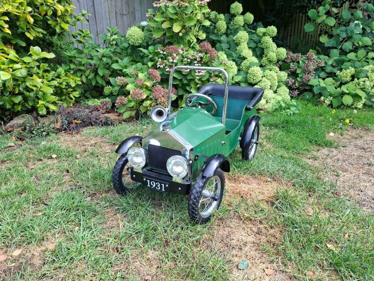 Green Metal Vintage Car Pedal Ride-On, Steering Wheel, “1931” Plate