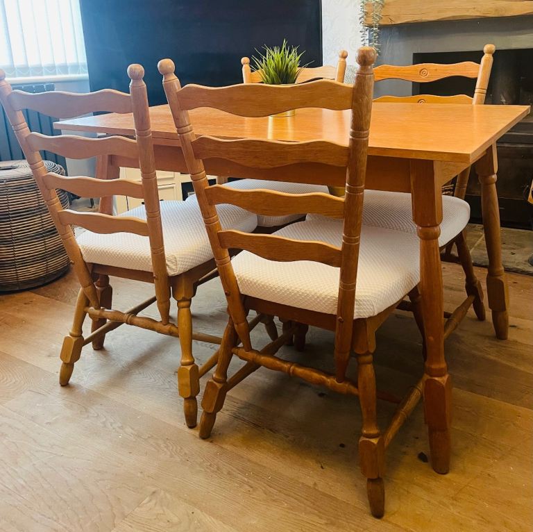 Mid century solid wood extending dining table with 4 cream solid wood dining chars  x 4