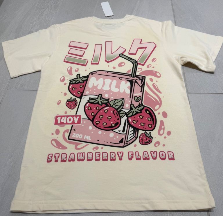 Suzushii New Cream T-Shirt with Strawberry Milk Carton Print