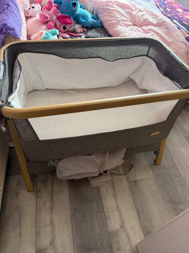 Baby Co-Sleeper Crib – Grey and Wood, Good Condition