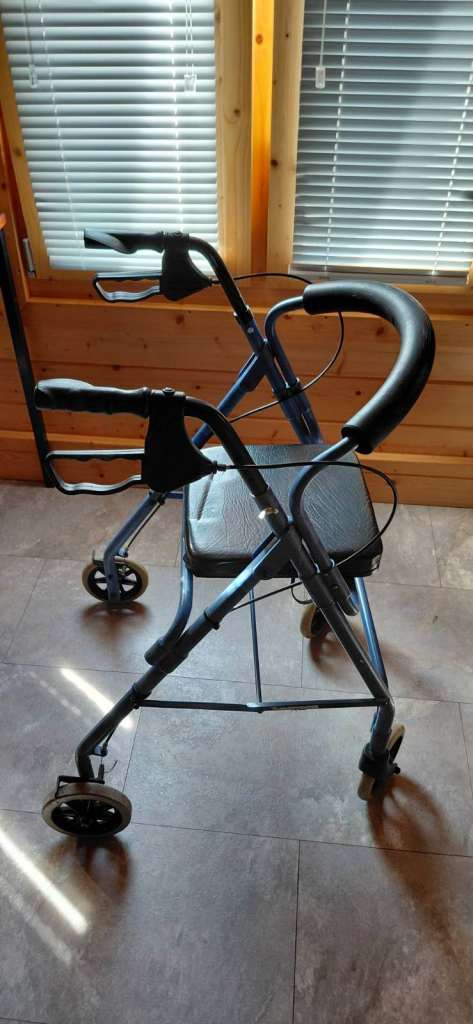 Blue Mobility Walker with Seat and Wheels – Good Condition