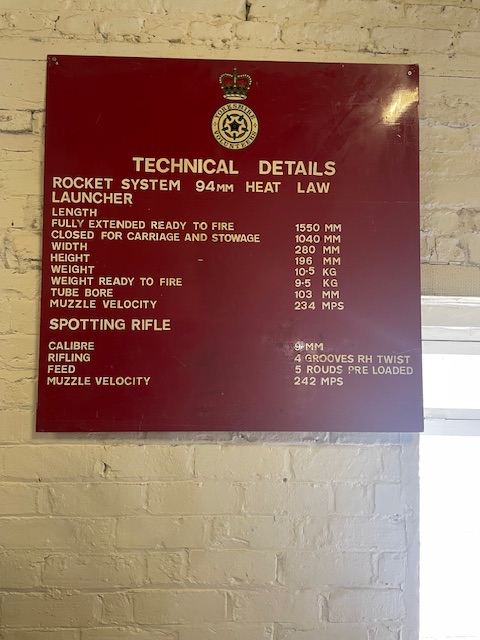 Yorkshire volunteers aluminium sign - technical details rocket system 94mm HEAT LAW launcher 