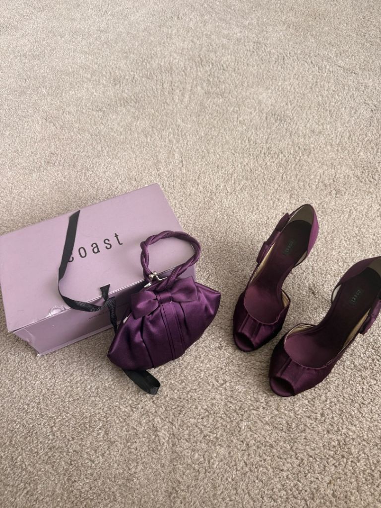 Coast Purple Satin Heels & Matching Clutch Bag