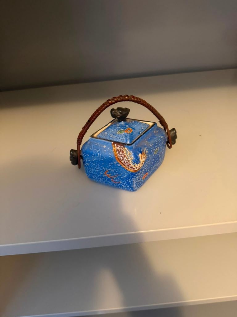 Decorative Blue Ceramic Box with Handle – Good Condition