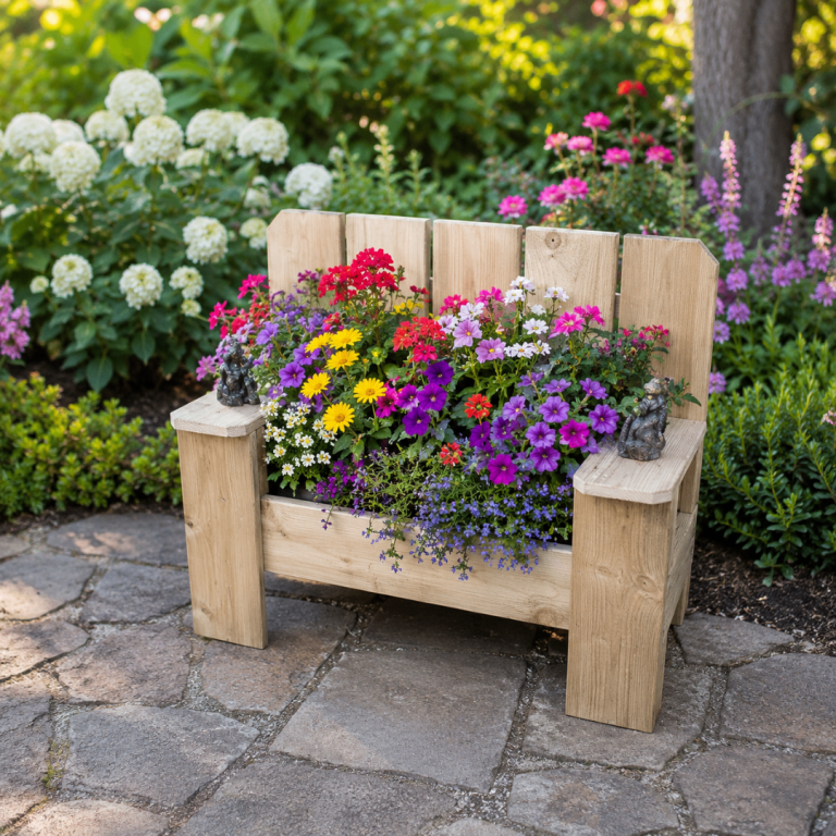 Rustic Wooden Garden Chair with Built-in Planter.