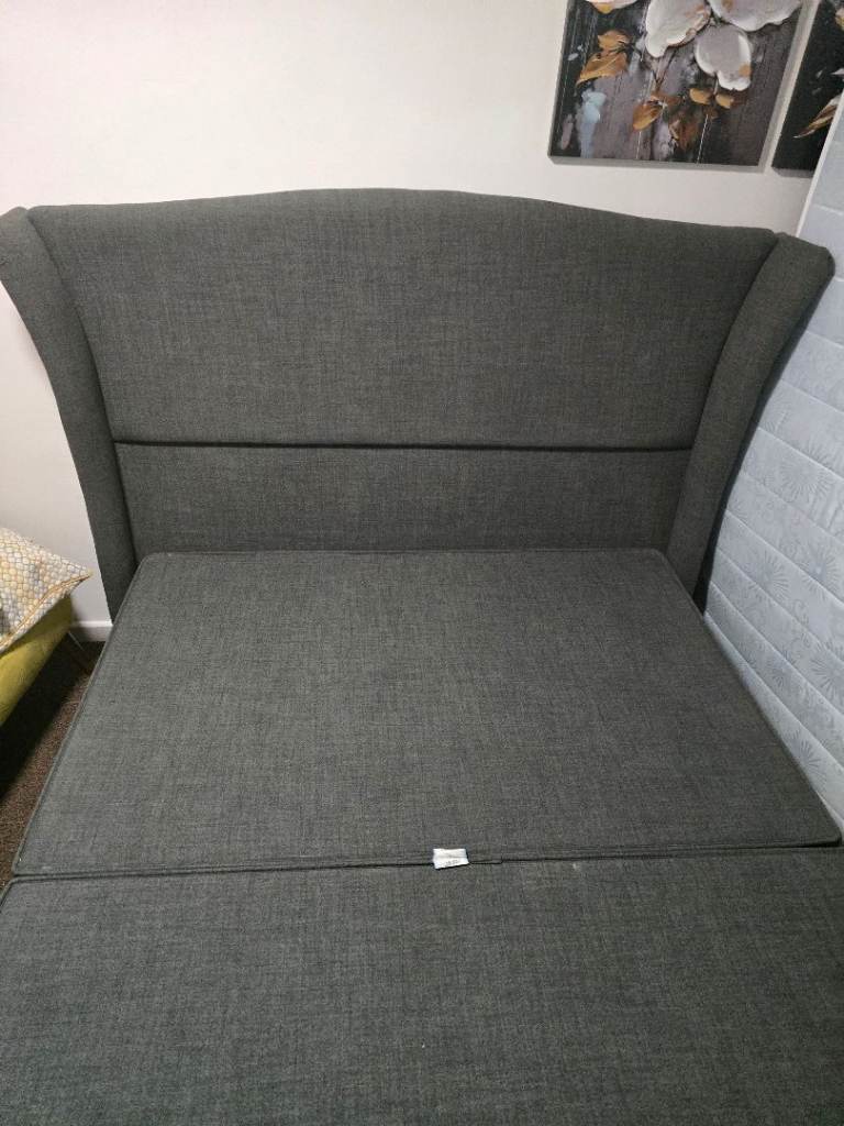 Grey King Size Divan Bed with Wingback Headboard - Good Condition