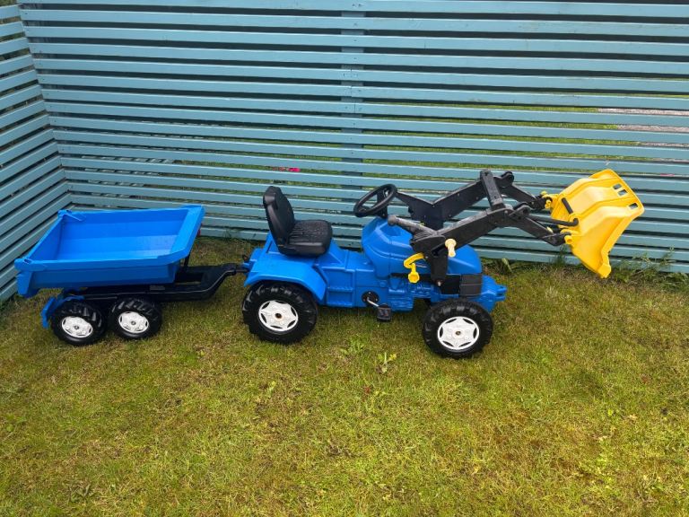 Kids Blue Pedal Tractor with Front Loader and Trailer