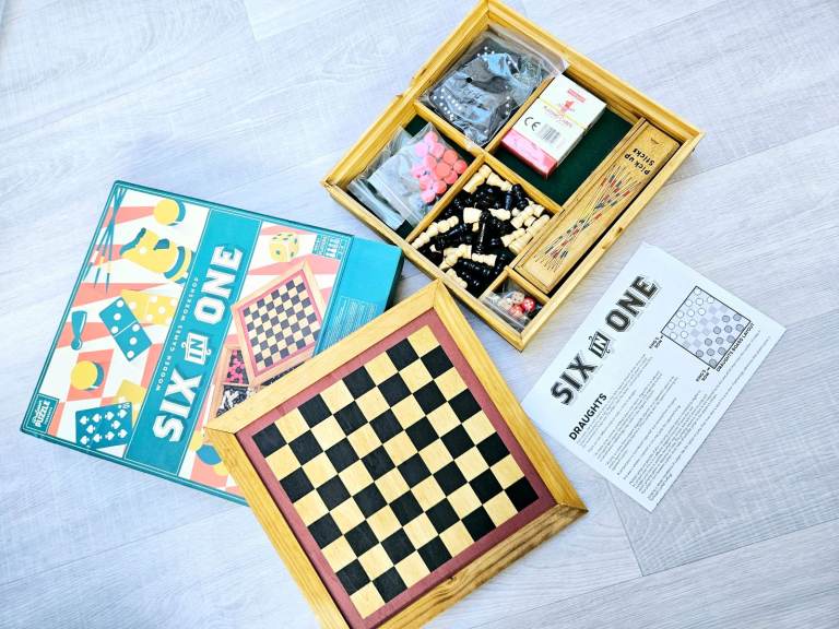 Family Wooden games Workshop Six in One Chess Backgammon Cards Draughts Dominoes