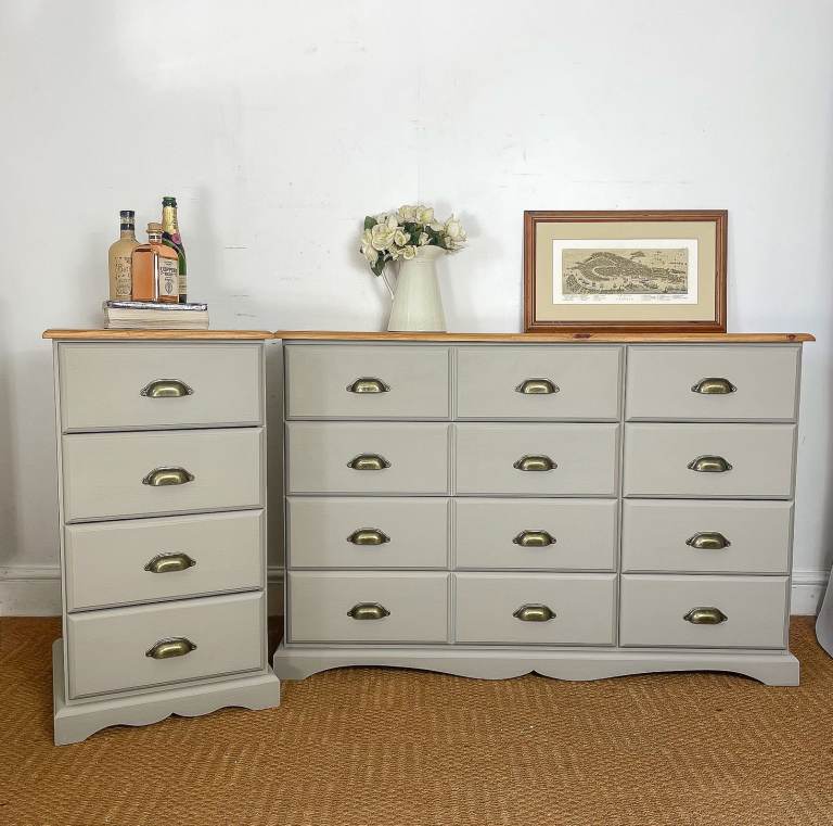 4ft Double merchant chest of drawers + matching Tallboy bedside table cabinet solid reclaimed pine