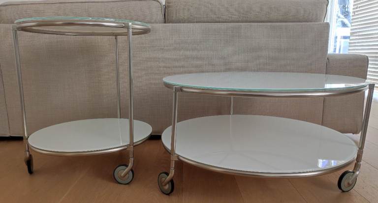 IKEA Strind White Glass Coffee + Side Table Set
