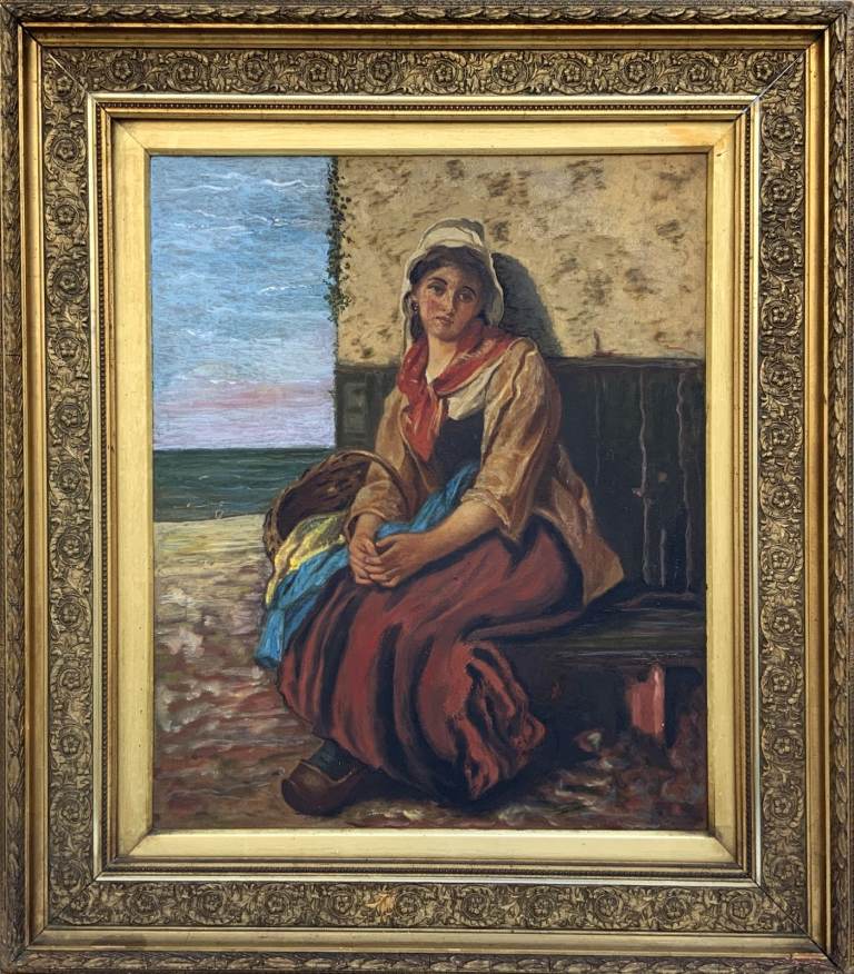 Original Antique Portrait Oil Painting of A Dutch Fisher Girl, 19th-century
