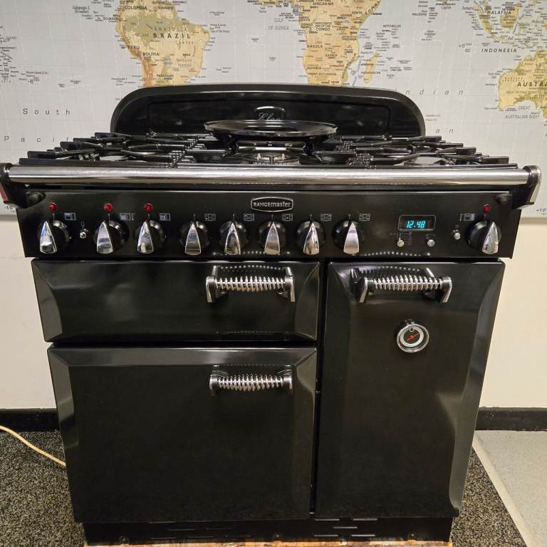 image for Rangemaster Elan Dual Fuel Range Cooker in Black and Chrome 90cm 