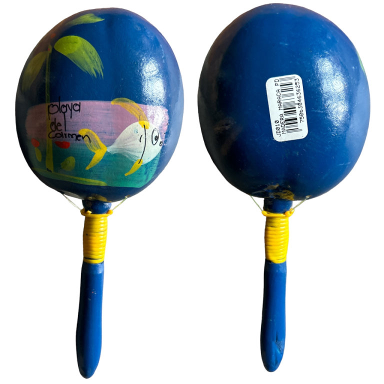 9” Blue Wood Maraca Colourful Wooden Tropical Party Percussion Shakers Playa Del Carmen