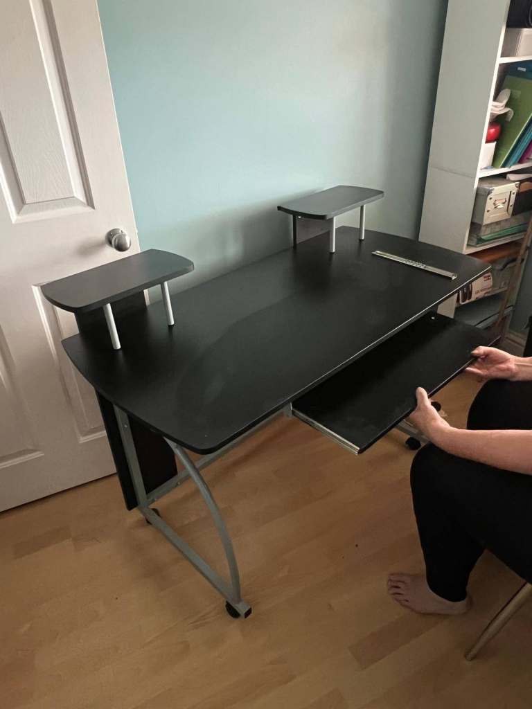 Black PC Desk with Keyboard Tray & Top Shelves