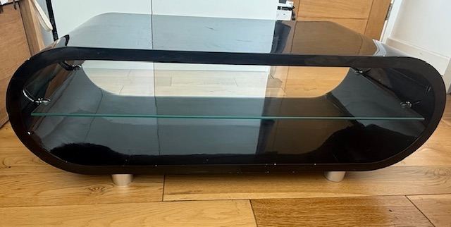 Black Round High Gloss TV Stand Table with Glass Shelf