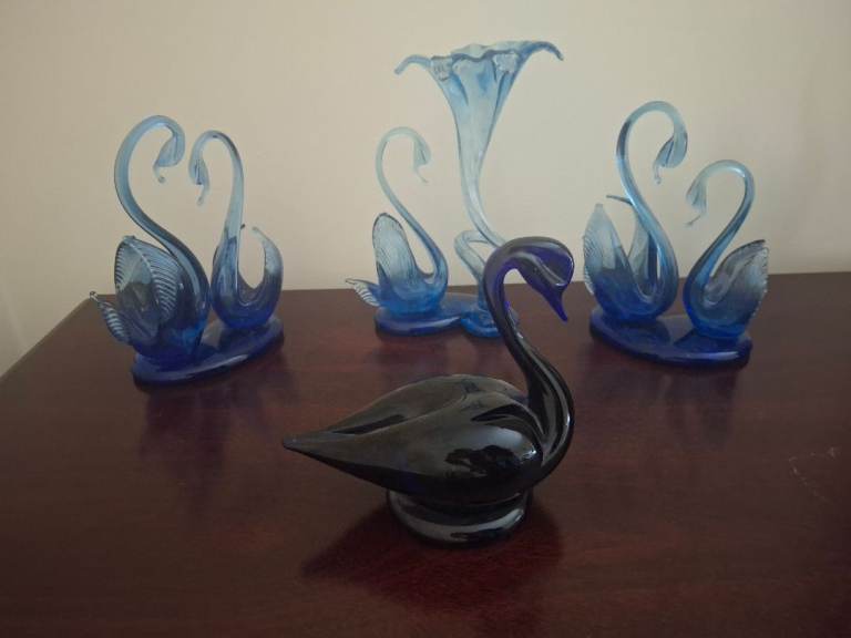 Set of Blue Glass Swan Figurines and Vase