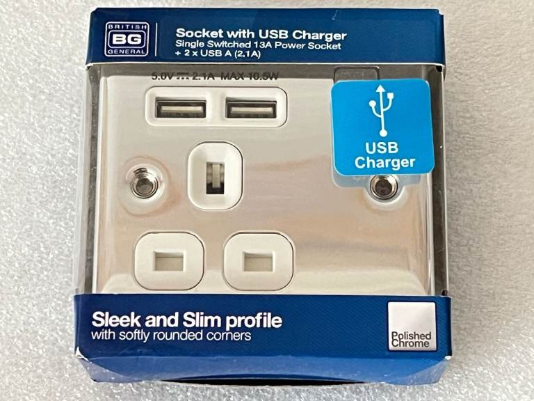 BG NPC21U2W Nexus Metal Polished Chrome 1 Gang 13A 2x USB-A 2.1A Switched Socket