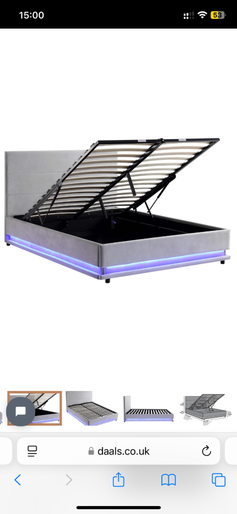 Buxton Ottoman Storage Bed Frame with LED Lights – Light Grey Velvet – Double Size