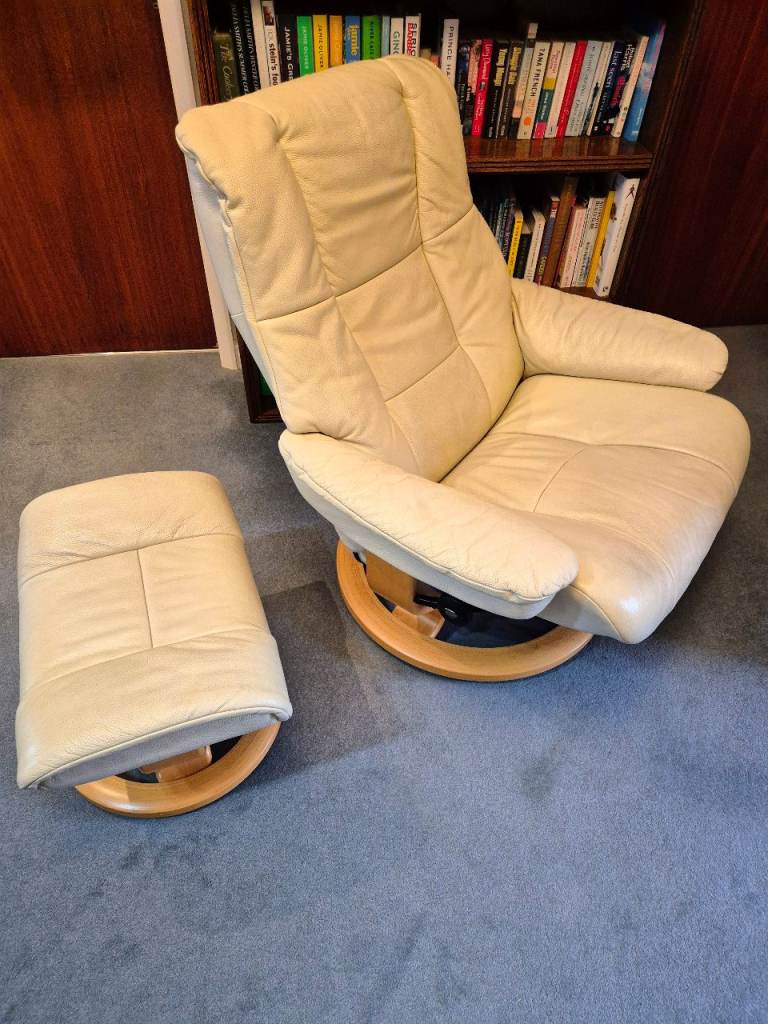 Stressless Mayfair leather swivel recliner chair (Large) with footstool.