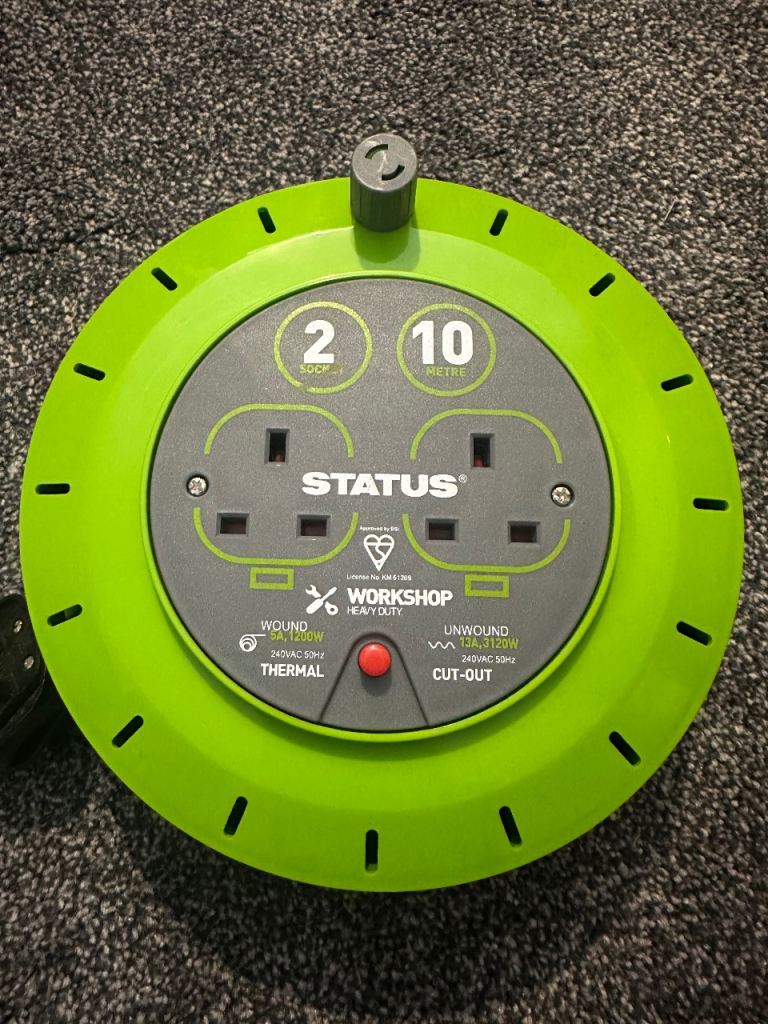 STATUS Workshop Heavy Duty 10 Metre Cable Reel - 2 Sockets