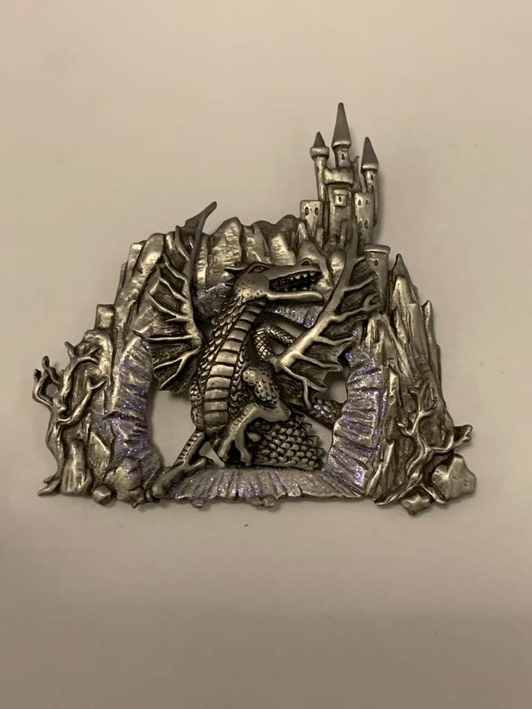 Vintage JJ Peter Brooch – Large Dragon In Castle Design – Double Stamped – Blue Sparkle Decoration