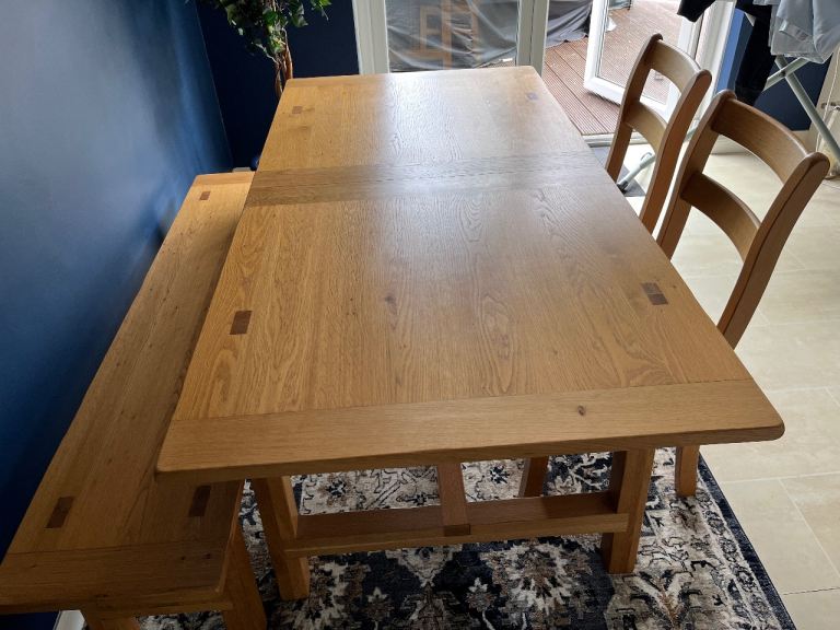 Solid Oak Dining table, bench & chairs. Just reduced. 