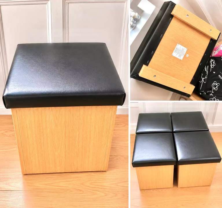 4 Black Faux Leather & Wood Stools